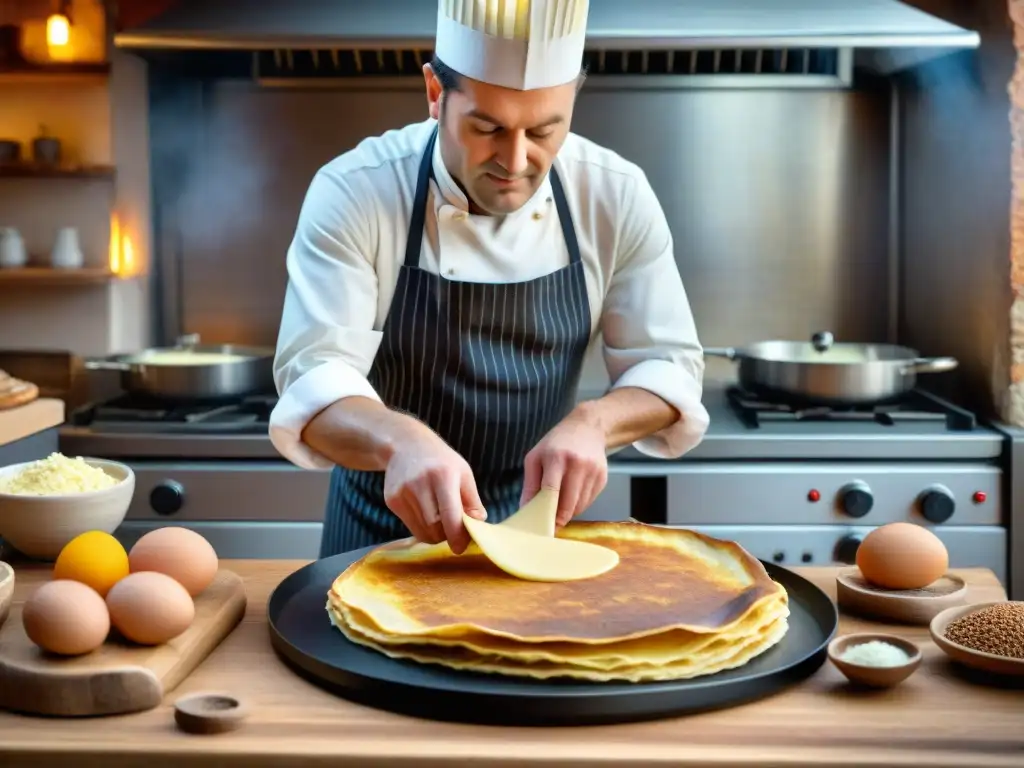 Un chef experto prepara una Galette Bretona en una crepería tradicional, mostrando la influencia culinaria de la historia Galette Bretona en Bretaña