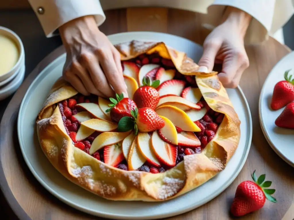 Un chef experto dobla una Galette Bretona dorada y rellena de fresas frescas y crema, mostrando su auténtica receta tradicional