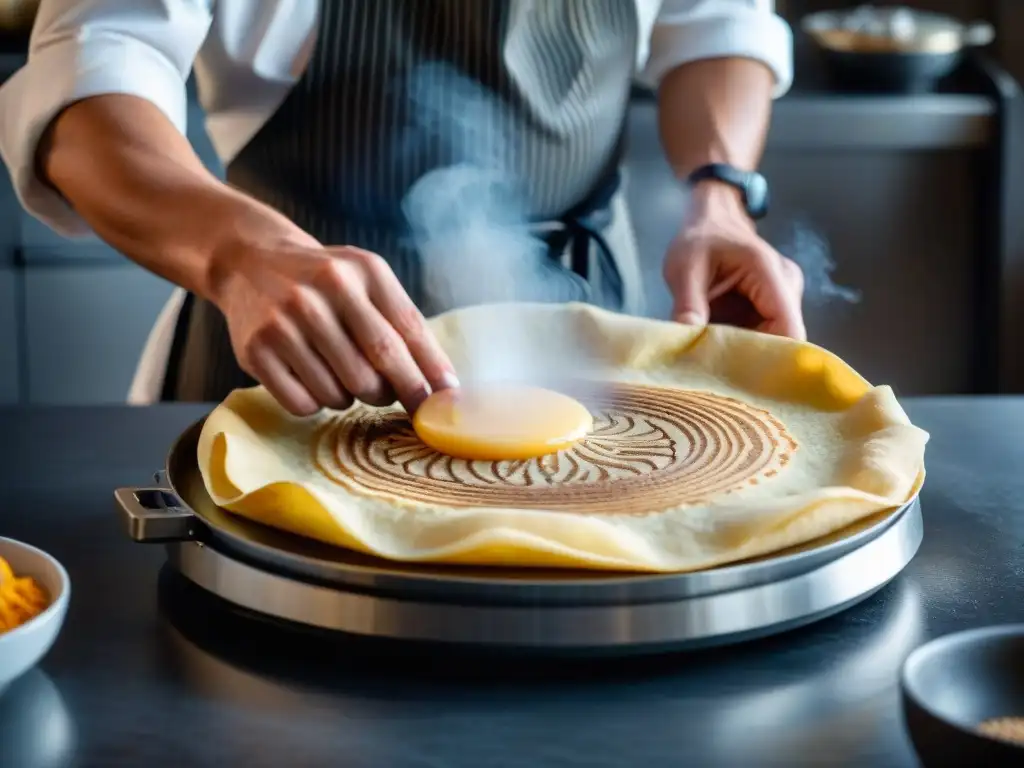 Un chef experto cocina una galette bretona con precisión y técnica, destacando las diferencias entre crêpes y galettes