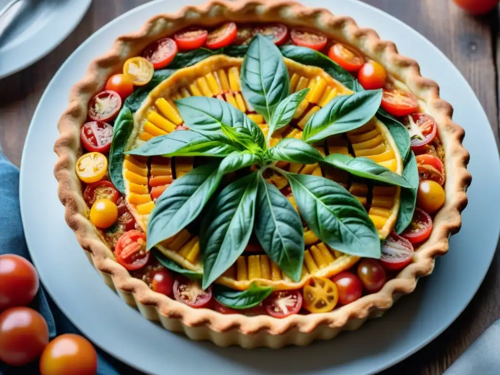 Un chef experto ensambla capas de tomate y albahaca en un quiche dorado, destacando técnicas para quiche perfecto