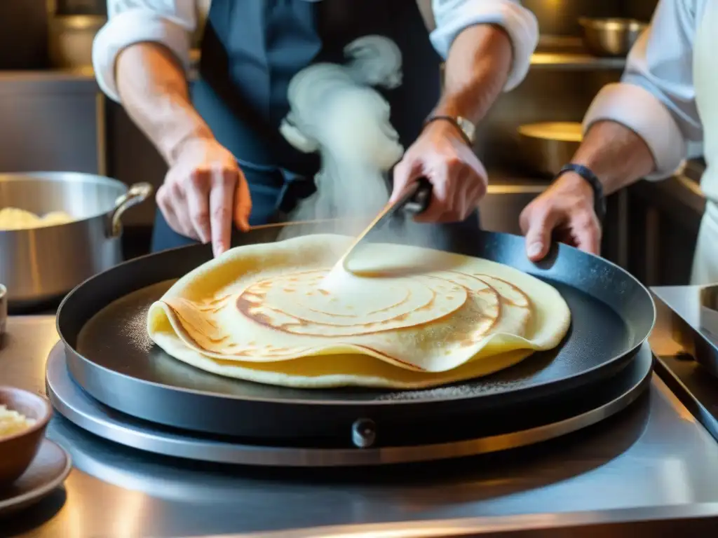 Un chef experto en una casa de crepes en Bretaña prepara crepes con destreza en una acogedora crepería