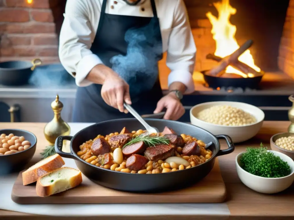 Un chef experto preparando un cassoulet tradicional francés en una cocina rústica con fuego crepitante