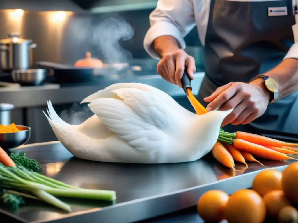 Un chef experto tallando un cisne detallado en una zanahoria naranja brillante, reflejando el arte del tallado en la gastronomía francesa