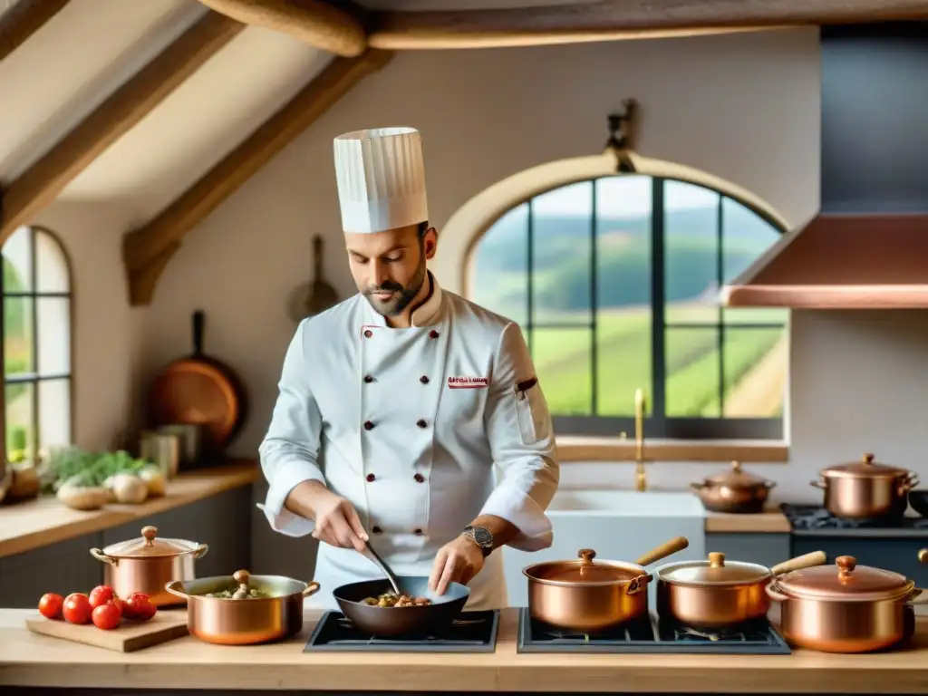 Un chef experto prepara un clásico Coq au Vin en una cocina francesa tradicional