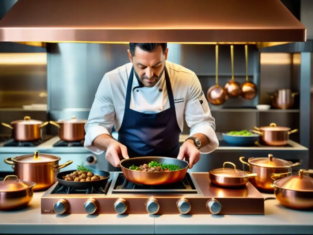 Un chef experto prepara un clásico Coq au Vin en una cocina de bistró francés