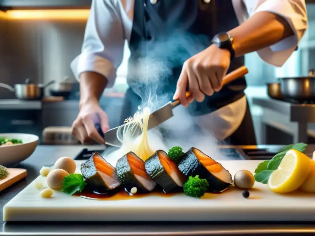 Un chef experto fusionando cocina asiática y gastronomía francesa con precisión y armonía