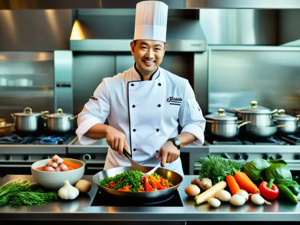 Un chef experto en cocina asiática y gastronomía francesa crea una fusión vibrante de sabores en una bulliciosa cocina