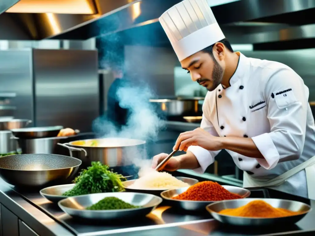 Un chef experto fusionando la cocina asiática y gastronomía francesa en una cocina moderna y bulliciosa