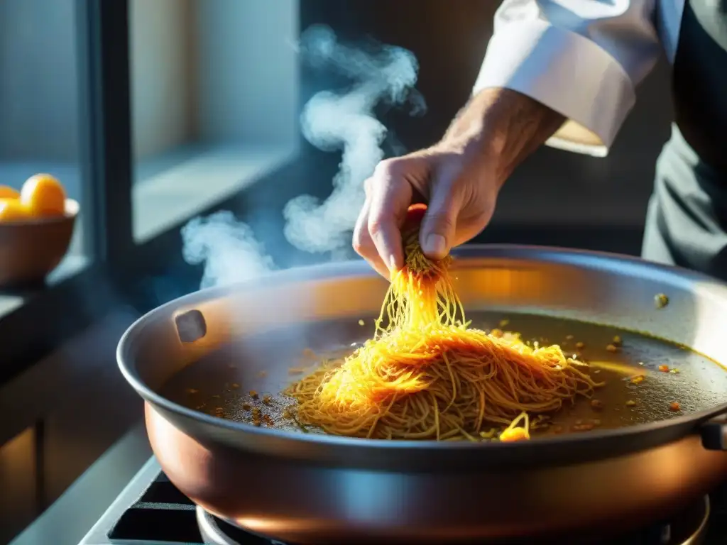 Un chef experto en cocina francesa añade hilos de azafrán a una bouillabaisse dorada, envuelto en vapor con luz cálida