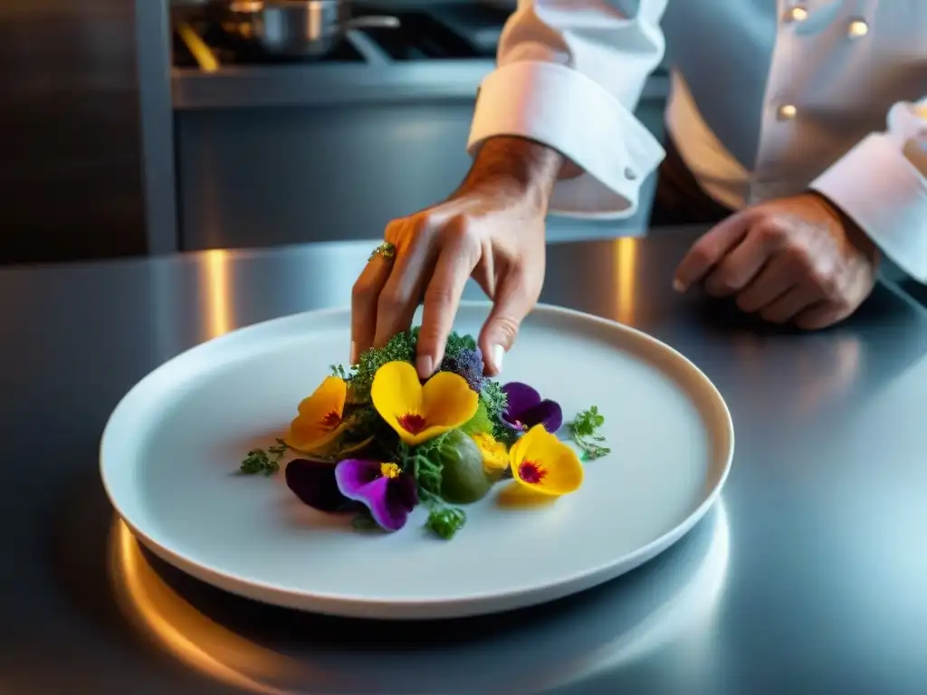 Un chef experto en cocina francesa clásica y tendencias modernas arregla flores comestibles en un plato vibrante