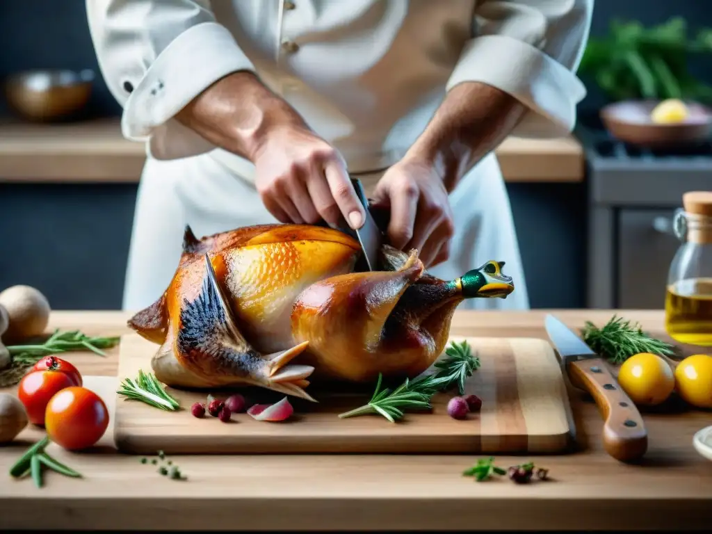 Un chef experto en cocina francesa con cero desperdicio deshuesando un pato entero con precisión, en una cocina rústica