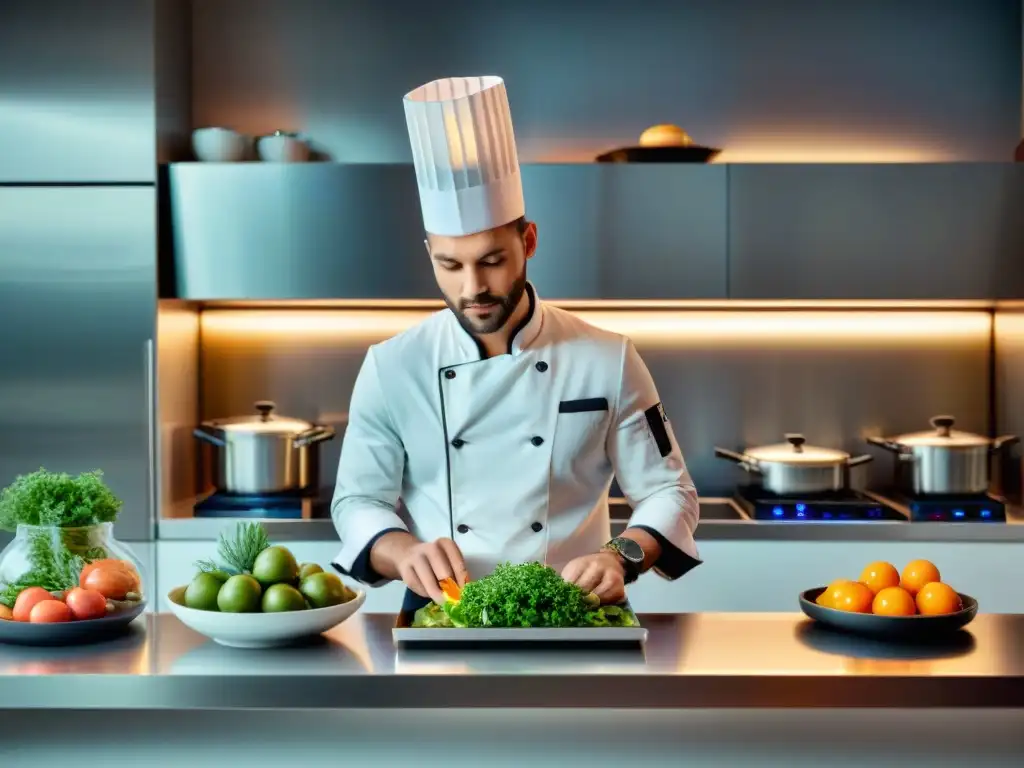 Un chef experto en una cocina francesa moderna, equipada con tecnologías emergentes, creando platos vibrantes y saludables