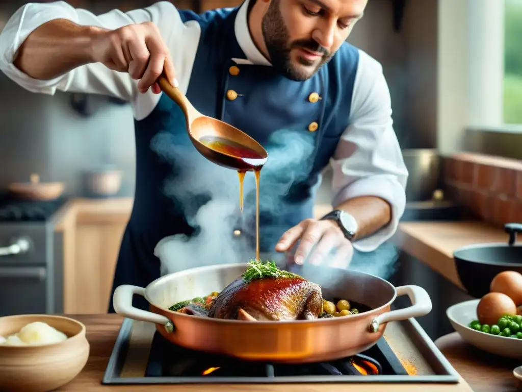 Un chef experto en una cocina francesa tradicional integrando champán en un delicioso Coq au Vin, evocando sofisticación culinaria