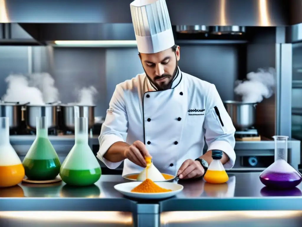 Un chef experto en una cocina francesa moderna utilizando técnicas de moleculares gastronomía para crear platos visualmente impresionantes