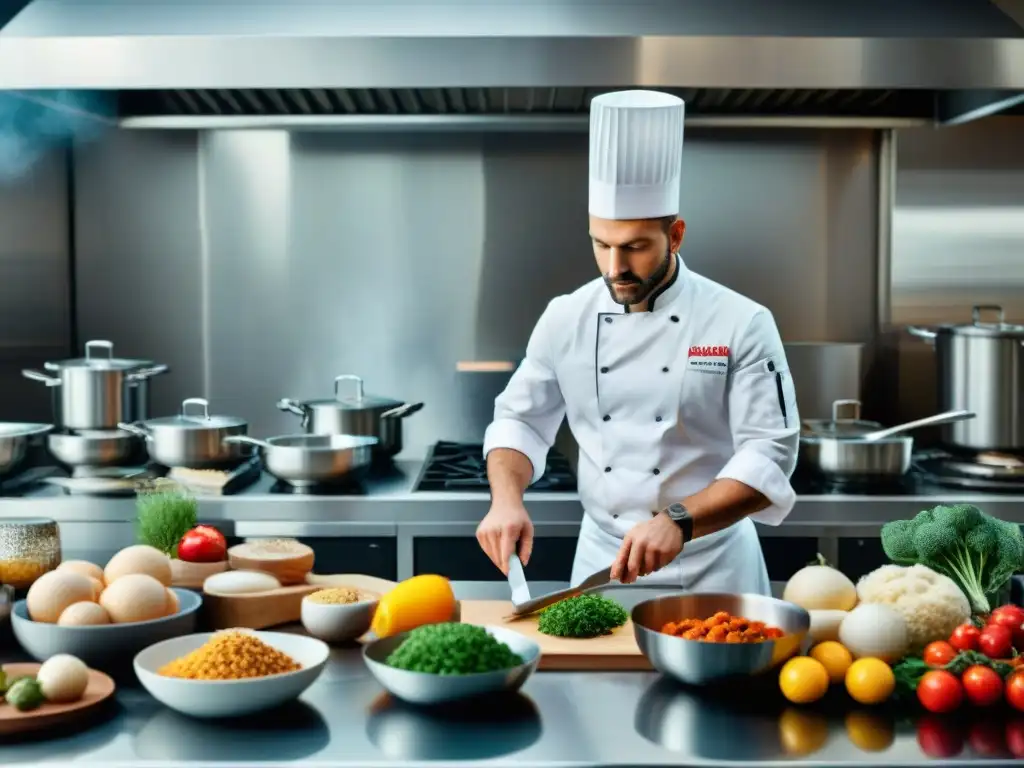 Un chef experto fusiona cocina francesa tradicional con vanguardia, rodeado de ingredientes frescos y herramientas modernas