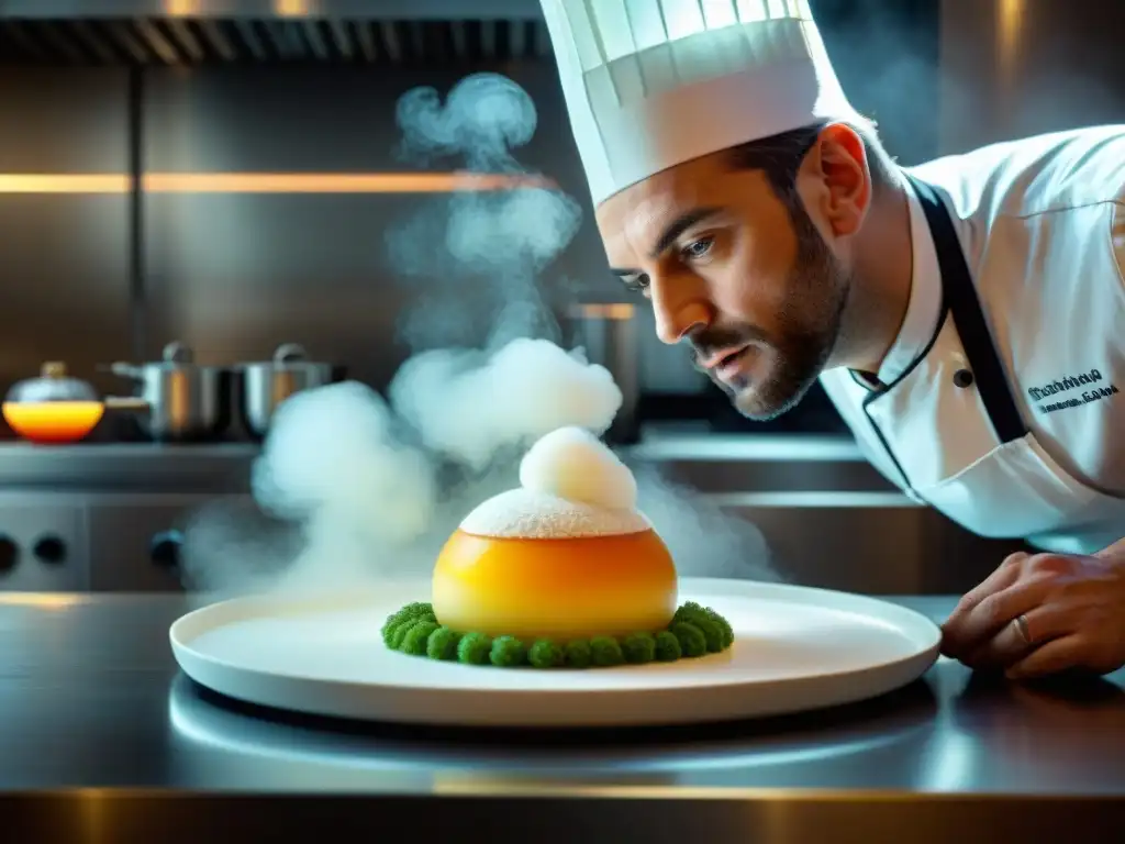 Un chef experto en una cocina francesa moderna utiliza técnicas de gastronomía molecular para crear platos innovadores y visualmente impactantes