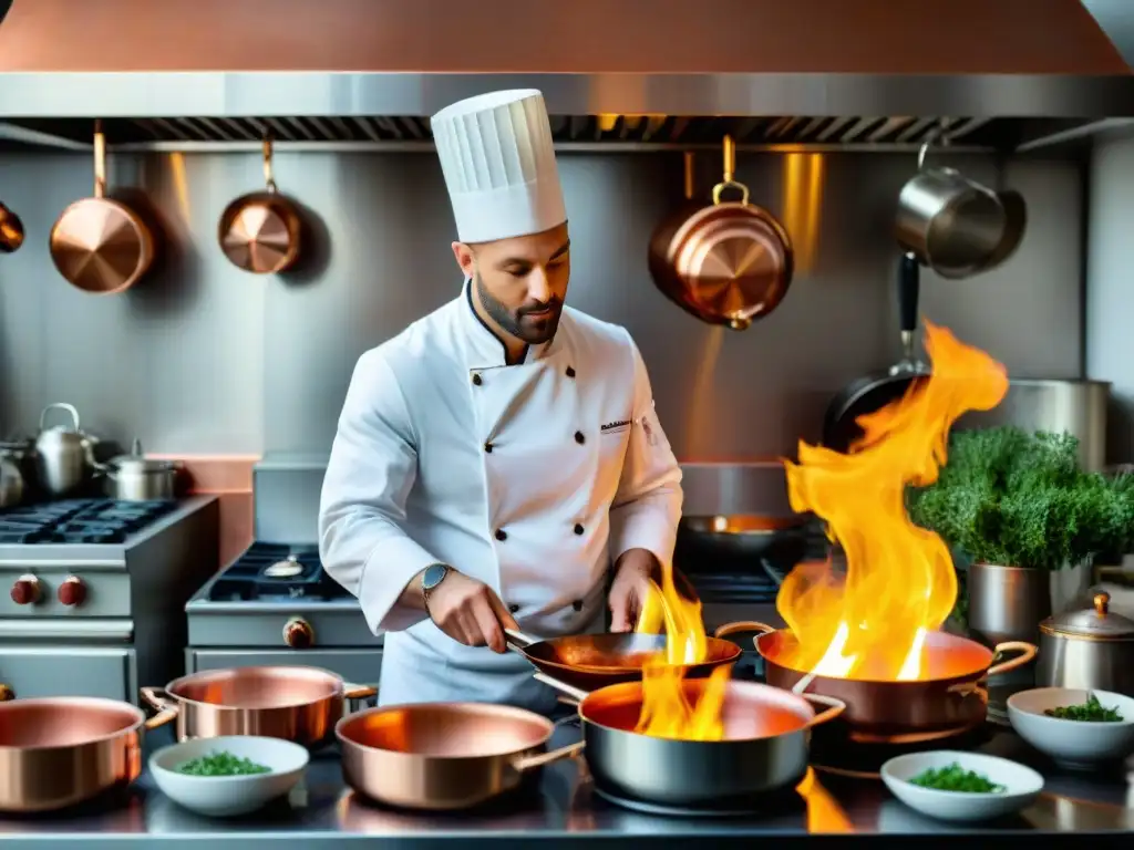 Un chef experto en una cocina francesa clásica, realizando la técnica de flambeado con destreza, creando un espectáculo visual hipnotizante