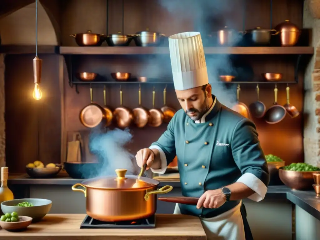 Un chef experto en una cocina francesa tradicional y moderna, con utensilios de madera en las paredes y una cálida luz de araña