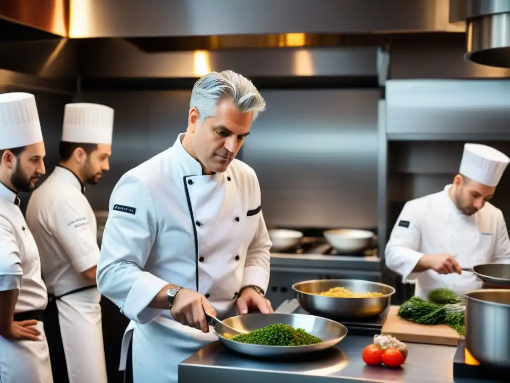 Un chef experto en cocina francesa tradicional innovadora lidera a su equipo en una cocina bulliciosa y ordenada