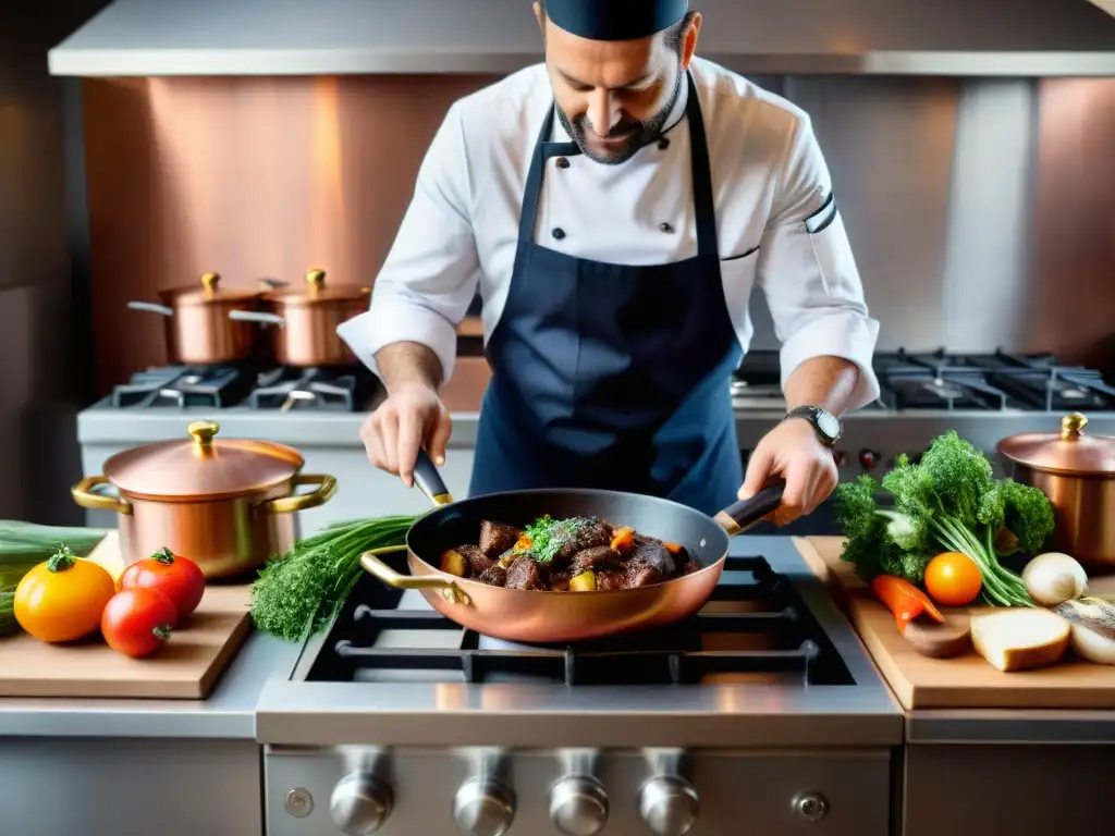 Un chef experto preparando Boeuf Bourguignon en una cocina francesa tradicional