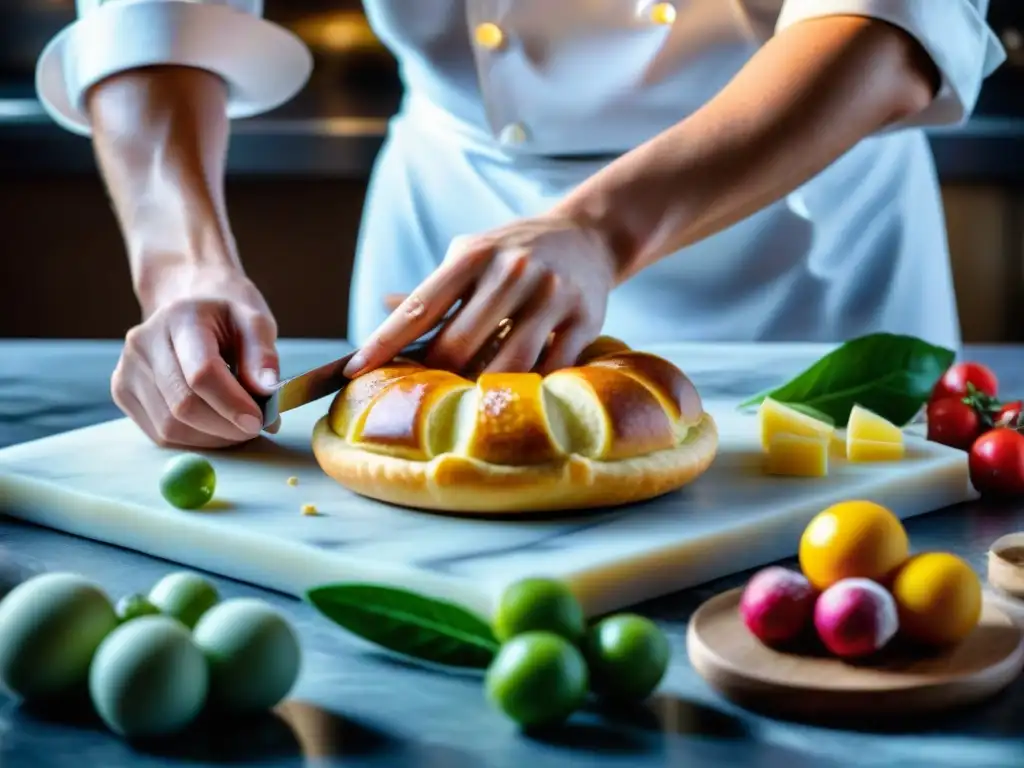 Un chef experto en cocina francesa moldea un delicado postre rodeado de ingredientes frescos