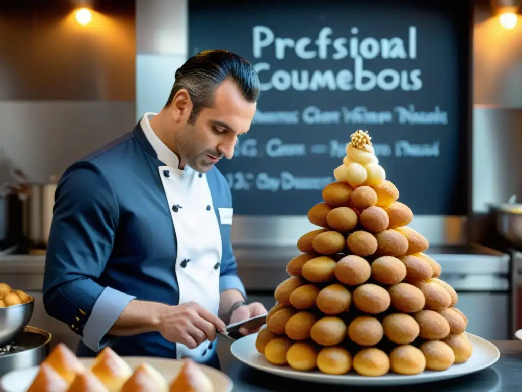 Un chef experto preparando un croquembouche en una cocina francesa tradicional