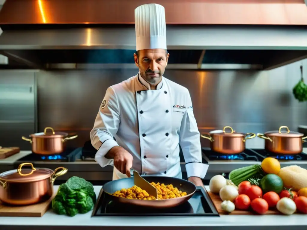 Chef francés experto en cocina, cortando ingredientes frescos en una bulliciosa cocina parisina