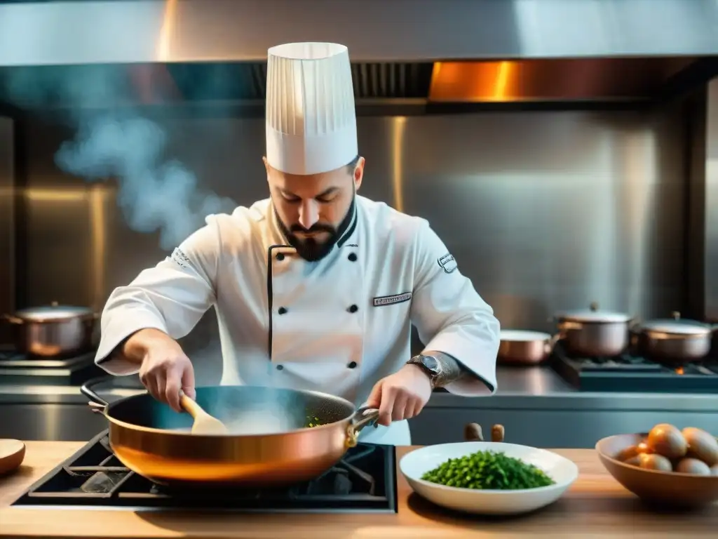 Un chef experto en cocina lionesa prepara quenelles de brochet en una cocina tradicional