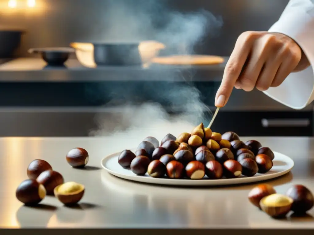 Chef experto en cocina moderna preparando una receta con castañas francesas en otoño