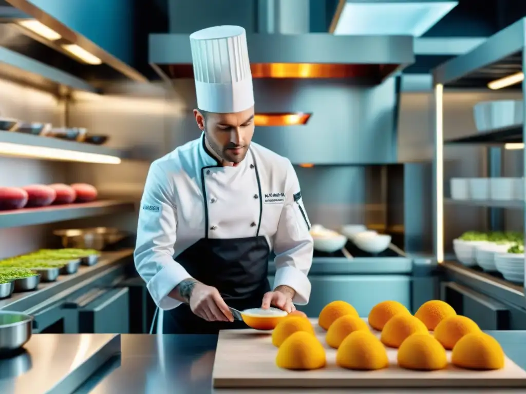 Un chef experto en una cocina moderna usando una impresora 3D para crear delicatessen francesas