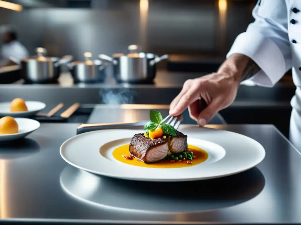 Un chef experto en una cocina moderna, presentando platos franceses con innovación y arte