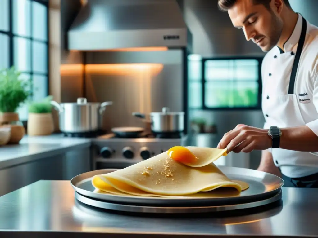 Un chef experto en una cocina profesional, mostrando técnicas para hacer crepes perfectas