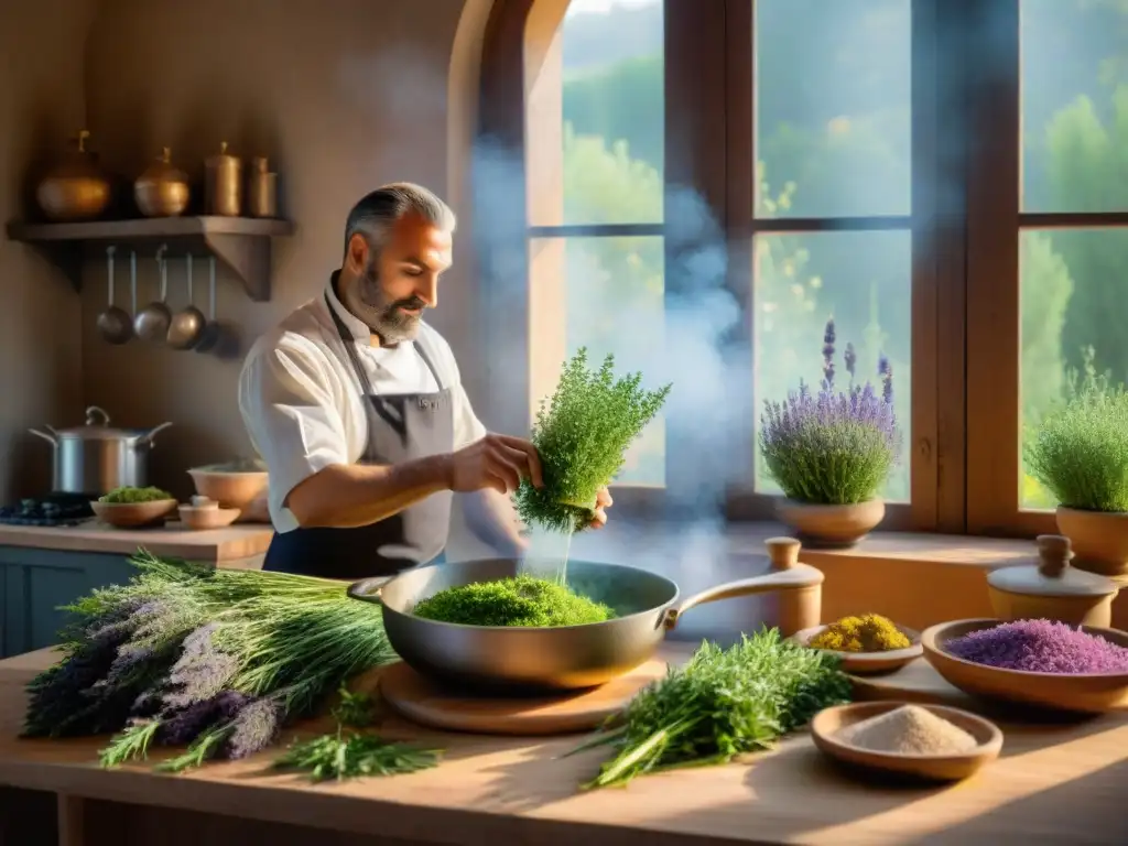 Chef experto en cocina provenzal: aromas y tradición Un chef experto en una cocina rústica de Provenza usando hierbas frescas