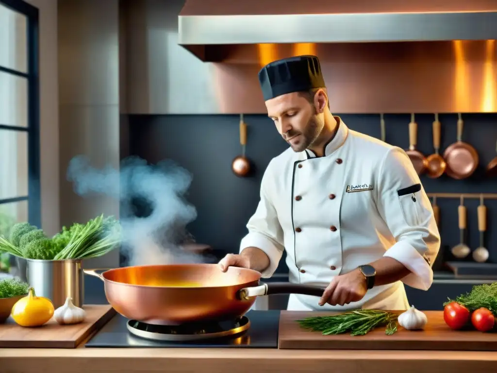 Un chef francés experto cocina con sartenes de cobre e hierro en una escena tradicional de cocina, mostrando maestría culinaria