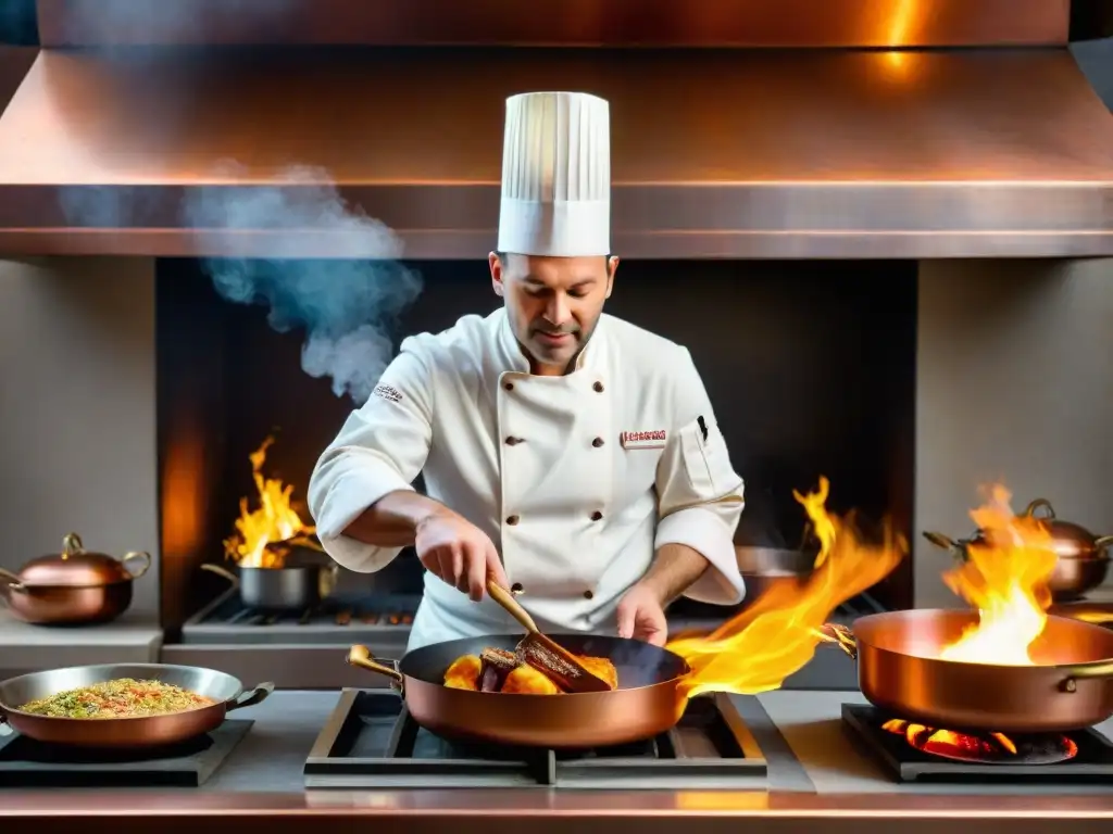 Un chef experto en una cocina tradicional realizando la técnica de flambeado con destreza, creando una llamarada impresionante