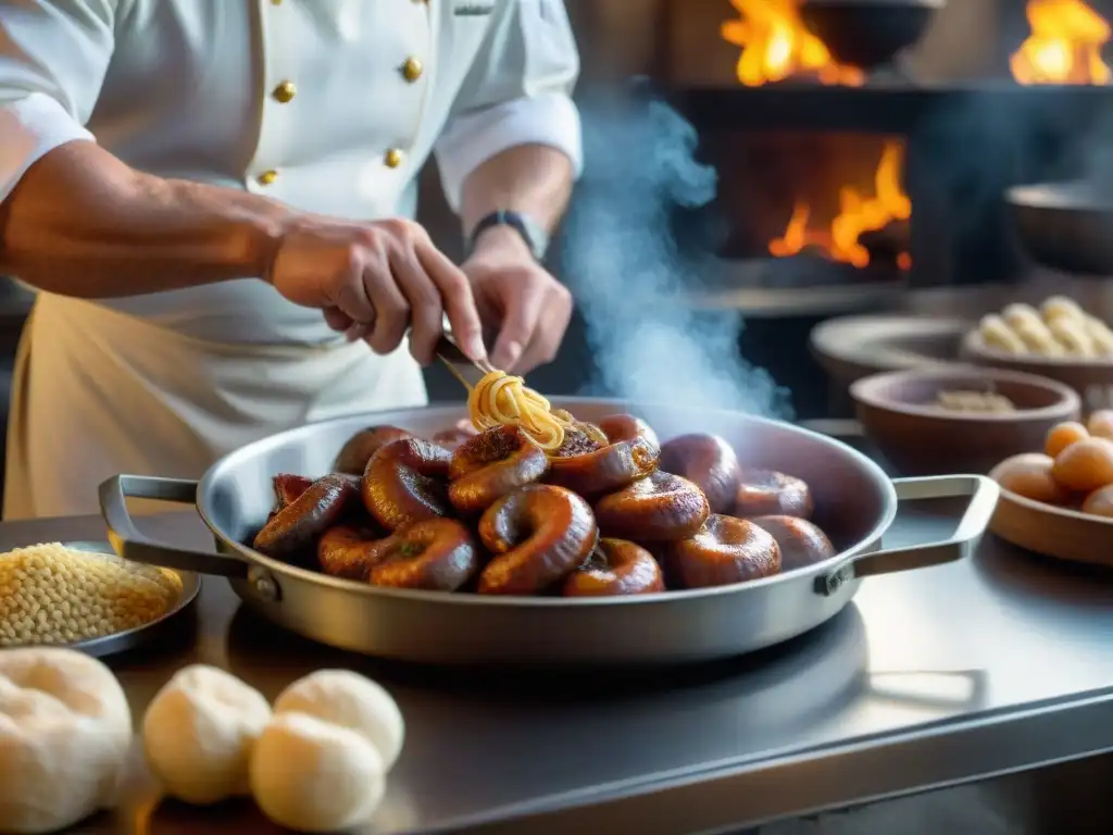 Un chef experto elabora Andouille de Vire en una cocina tradicional de Normandía, mostrando la autenticidad de la gastronomía francesa