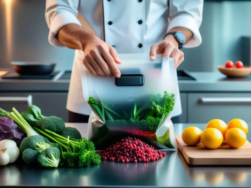 Un chef experto en cocina al vacío para principiantes, sazona con precisión en una cocina moderna y organizada