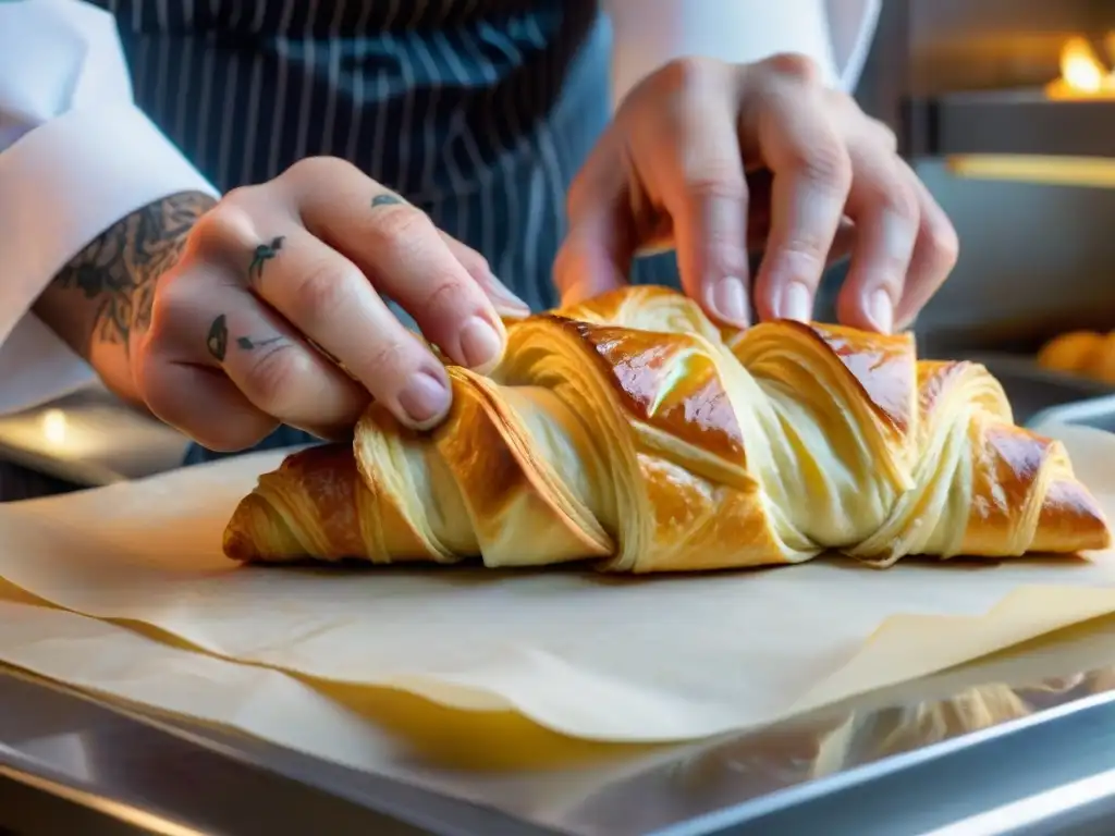 Un chef experto en concurso de cocina francesa preparación, doblando capas de masa de hojaldre para croissants, en una cocina bulliciosa de panadería