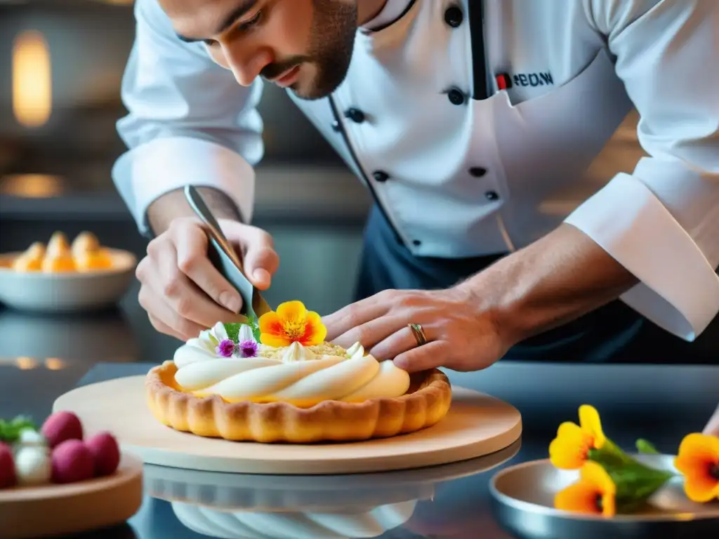 Un chef experto en concursos de cocina estilo francés crea una delicada obra de arte culinaria con precisión y destreza