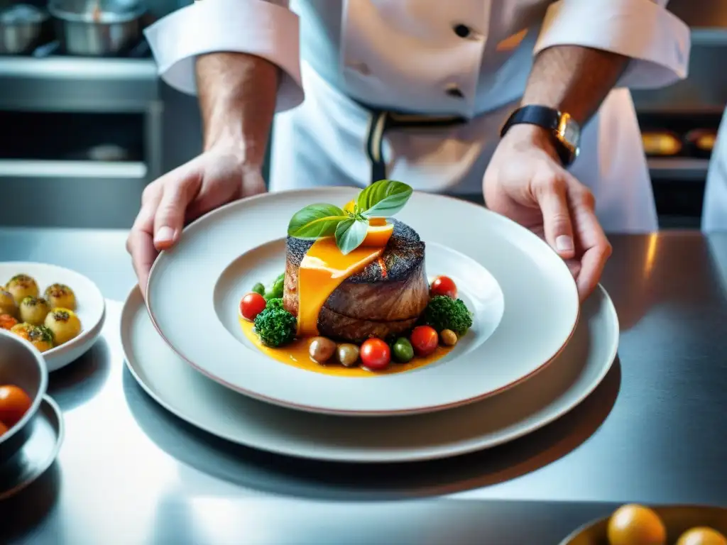 Un chef experto en concursos de cocina regional francesa, armando con destreza un plato delicado y vibrante