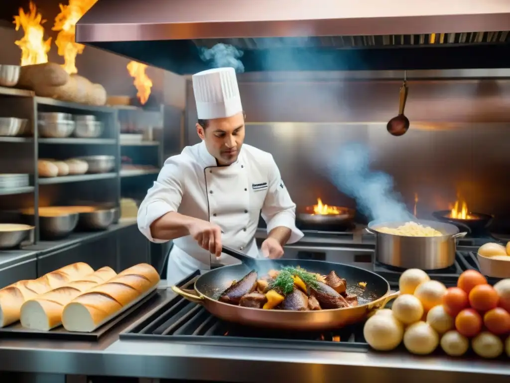 Un chef experto preparando un Coq au Vin en una cocina francesa, rodeado de ingredientes tradicionales