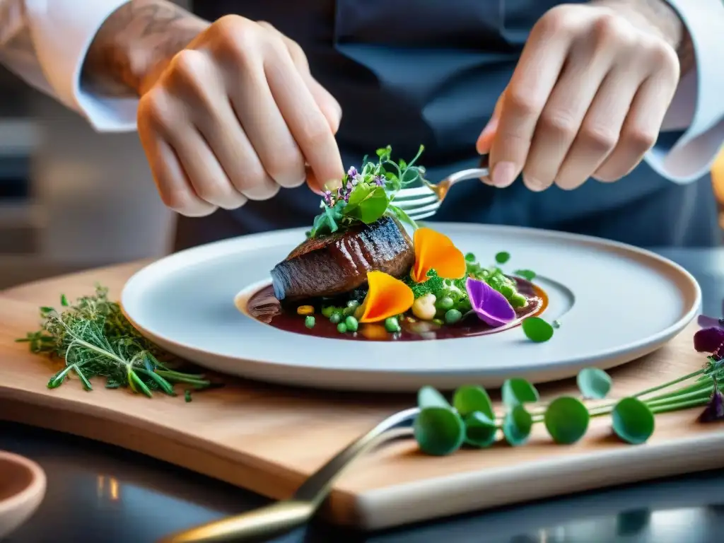 Un chef experto decorando un Coq au Vin con flores comestibles y microgreens en un restaurante francés con estrella Michelin