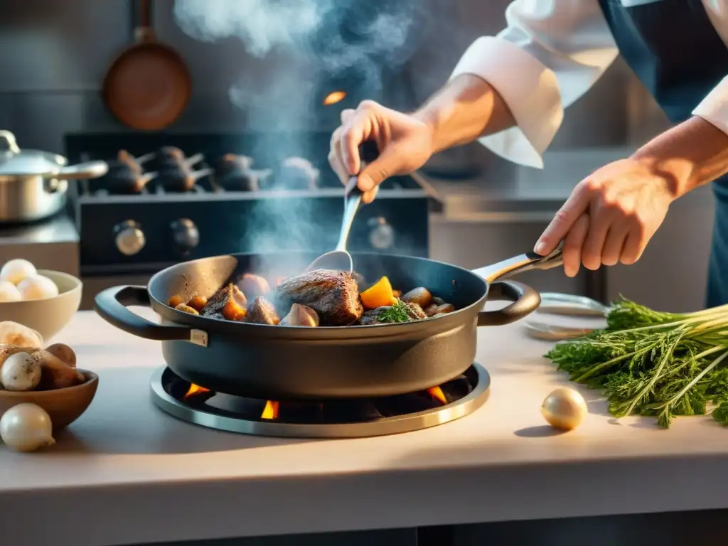 Un chef experto preparando Coq au Vin en una cocina francesa tradicional, mostrando técnicas de cocina francesa avanzadas