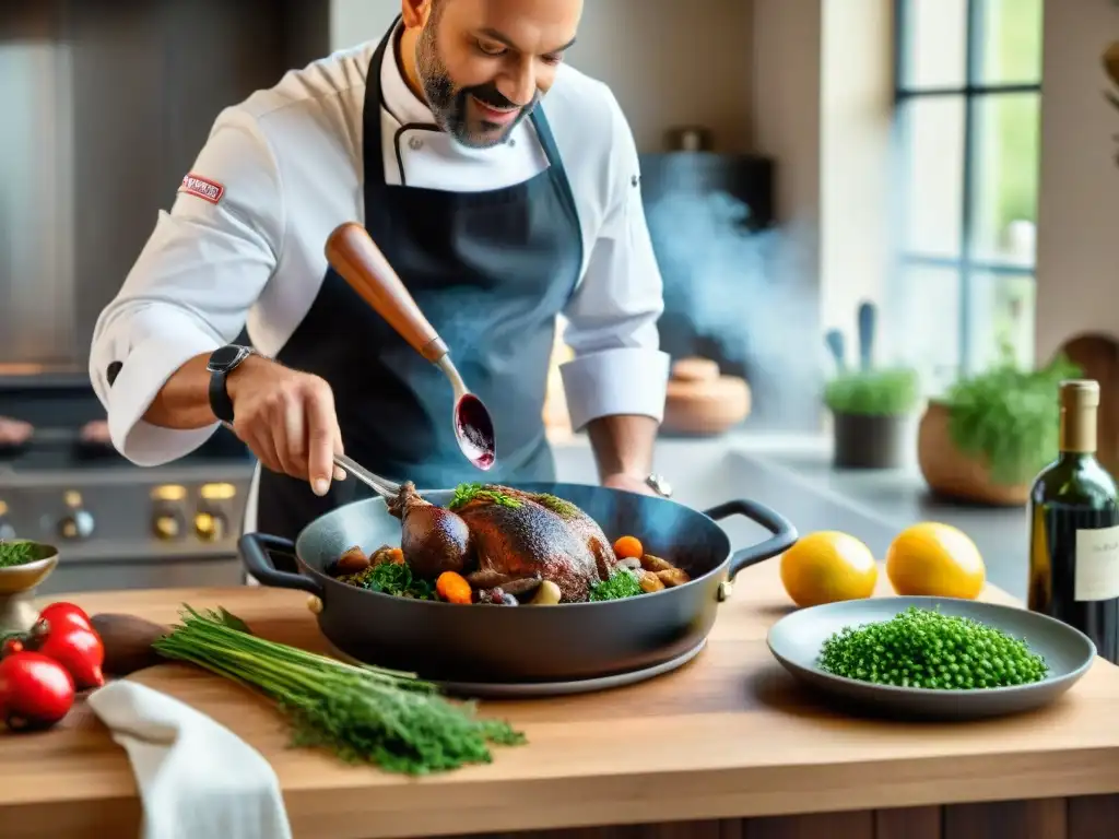 Un chef experto prepara un Coq au Vin en una cocina francesa clásica