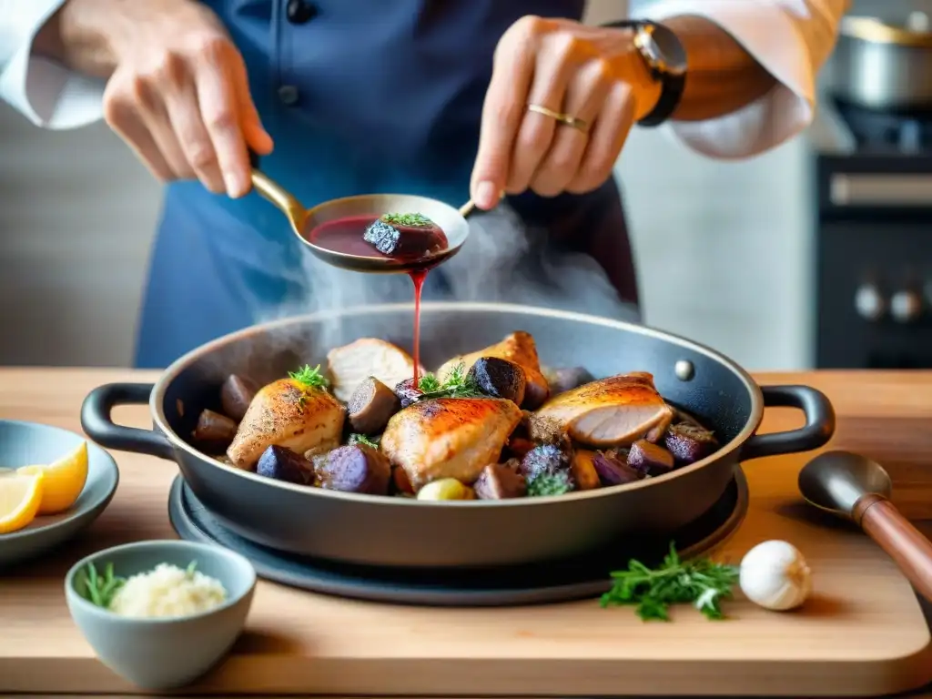 Un chef experto preparando Coq au Vin en una cocina tradicional de Borgoña, capturando la influencia cultural de la gastronomía borgoñesa