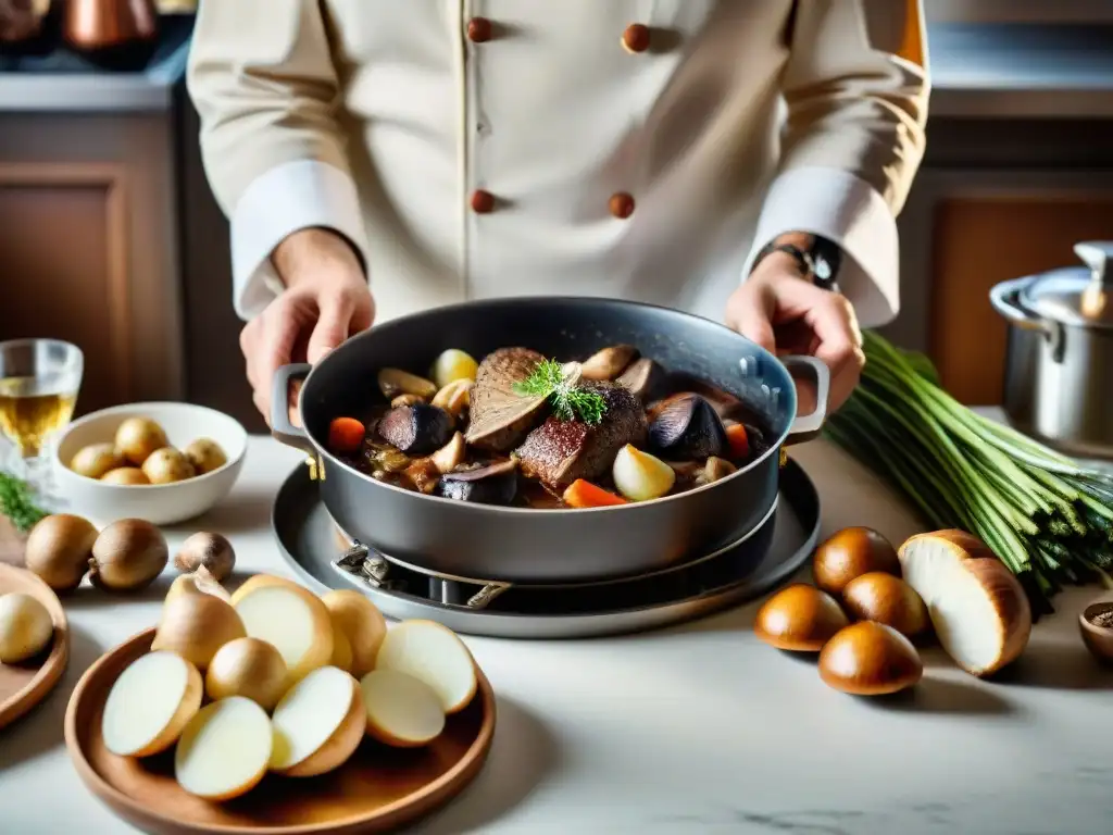 Un chef experto prepara Coq au Vin en una cocina francesa tradicional, con ingredientes frescos