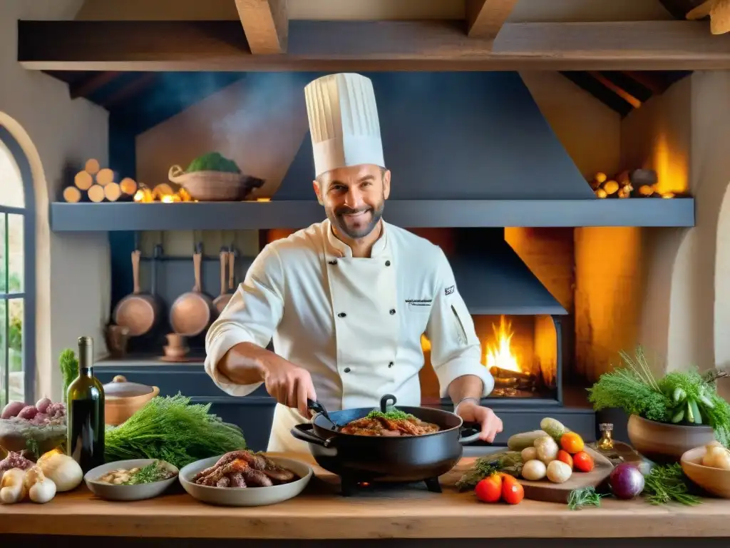 Un chef experto preparando Coq au Vin en una cocina francesa tradicional