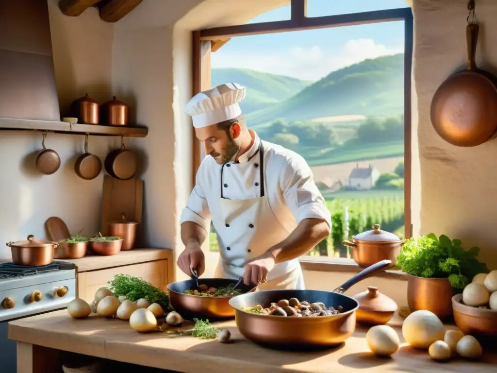 Un chef experto prepara Coq au Vin en una cocina francesa tradicional, rodeado de ingredientes frescos