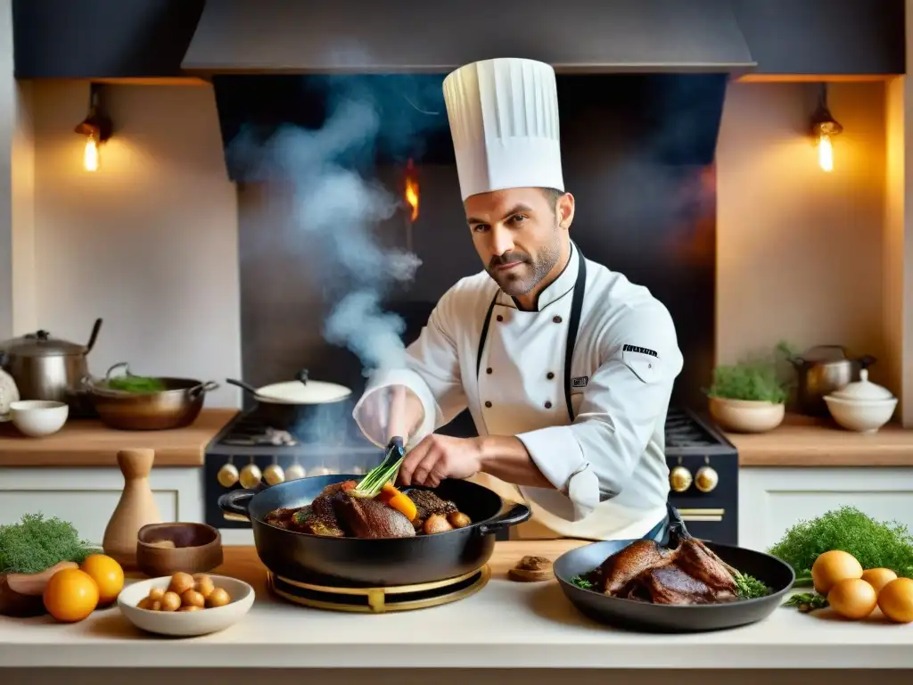 Un chef experto prepara un Coq au Vin en una cocina francesa tradicional