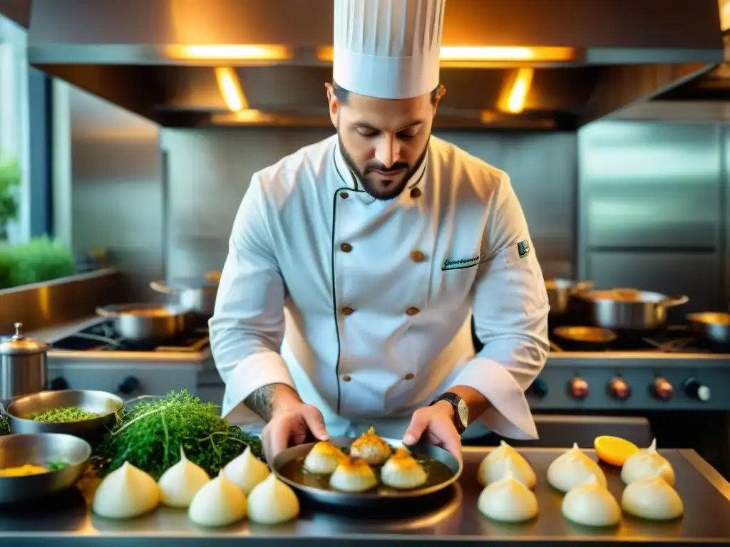 Un chef normando experto preparando Coquilles Saint-Jacques en una cocina francesa tradicional, rodeado de ingredientes frescos